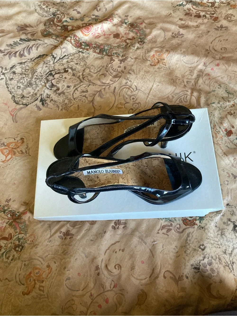 Manolo Blahnik Black Patent Slingback Peep-Toe Pumps